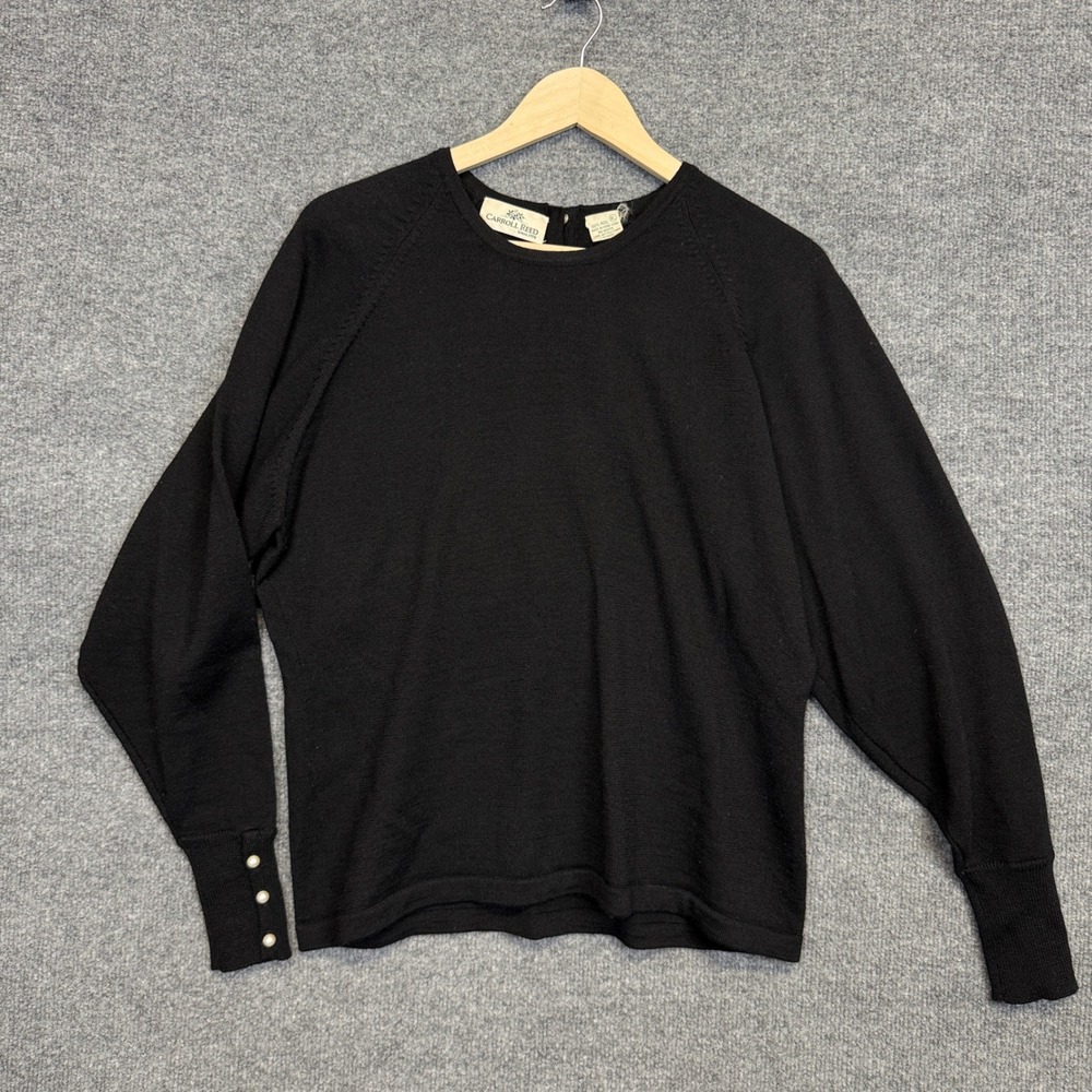 Vintage Carroll Reed Size XL Sweater Black Wool Pearl Button Cuff Quiet Luxury